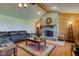 Warm living room with a stone fireplace, wooden accents, and comfortable seating arrangement at 9377 N 500 W, McCordsville, IN 46055