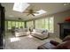 Spacious living room with skylights, a fireplace, and large windows offering bright, natural lighting at 13 Ridgeline Dr, Brownsburg, IN 46112