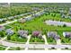 A beautiful aerial view shows well manicured lawns, mature trees, and a peaceful pond in this residential community at 13728 Oliver Ln, Carmel, IN 46074