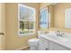 Bathroom featuring a white vanity, toilet, and a window providing natural light at 15329 Smithfield Dr, Westfield, IN 46074