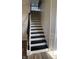 Elegant staircase featuring black treads, white risers, and a decorative dark wood railing at 15406 Forest Glade Dr, Fishers, IN 46037