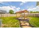 Landscaped backyard featuring a wooden pergola with stone accents and a fire pit surrounded by lush green grass at 1823 E 44Th St, Anderson, IN 46013