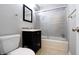 Bathroom showcasing a sleek vanity, updated shower, and a stylish mirror at 2305 Caldwell Pl, Columbus, IN 47201