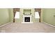 Open living room with neutral walls, carpeting, fireplace, decorative shelving, and beautiful window treatments at 2342 Sheek Rd, Greenwood, IN 46143