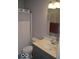 Neat bathroom featuring a shower with a white curtain, a white toilet, grey vanity, and a mirror at 4518 W Meadows Ln, New Palestine, IN 46163
