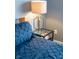 Close up of a main bedroom featuring a luxurious bed and side table with stylish lamp at 6784 W May Apple Dr, McCordsville, IN 46055