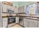 Well-lit kitchen featuring stainless steel appliances and light gray cabinets with complementing countertops and backsplash at 8375 Eagles Nest Dr, Avon, IN 46123