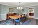 Formal dining room featuring striped wallpaper, a wooden table, and a classic chandelier at 13494 Dallas Ln, Carmel, IN 46033