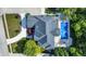 Aerial shot showcasing a backyard with a covered pool, stone patio, and lush greenery surrounding the property at 13934 Salsbury Creek Dr, Carmel, IN 46032