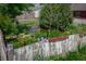 Outdoor pond with plants, white picket fence, and mature trees creates a peaceful backyard retreat at 2402 N B St, Elwood, IN 46036