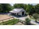 Aerial view of the property showcasing the barn, riding area, and surrounding green space at 2450 S Us 421, Zionsville, IN 46077