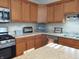 Well-lit kitchen featuring stainless steel appliances, granite countertops, and wooden cabinetry at 2630 Wedgewood Dr, Columbus, IN 47203