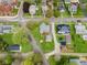 An aerial shot shows a home on a large lot with mature trees and an expansive lawn, bordered by quiet streets at 300 E 2Nd St, Sheridan, IN 46069