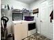 A functional laundry room includes a washer, dryer, shelving, and convenient access to the outdoors at 3085 Oakmont Dr, Lapel, IN 46051