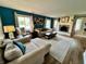 Comfortable living room with fireplace, neutral furniture, and bright blue accent wall at 337 Leaning Tree Rd, Greenwood, IN 46142