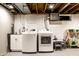 Laundry area with washer, dryer, sink, and storage in unfinished basement at 5450 Fenmore Rd, Indianapolis, IN 46228
