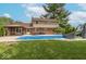 Backyard pool with a slide, covered patio, and lush landscaping, perfect for outdoor entertainment at 5901 W Thompson Rd, Indianapolis, IN 46221
