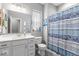 Bathroom featuring white cabinets, a single sink, and a modern curtain at 75 Hovden Dr, Cicero, IN 46034