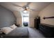 Bedroom featuring gray and white walls, carpet flooring, a queen-sized bed, and a ceiling fan with integrated lighting at 12493 Loudoun Pl, Fishers, IN 46037