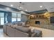 Finished basement featuring projector screen, stone fireplace, and sectional couch, perfect for movie nights and relaxation at 12608 E 86Th St, Indianapolis, IN 46236