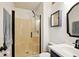Bathroom featuring a shower stall, tile floor, vanity, and navy mirror at 155 Suncrest Dr, Greenwood, IN 46143