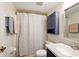 Bathroom featuring a shower, vanity, decorative wall cabinet, and granite counters at 155 Suncrest Dr, Greenwood, IN 46143