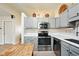 Beautiful kitchen featuring stainless steel appliances, modern backsplash, and light blue cabinetry at 155 Suncrest Dr, Greenwood, IN 46143