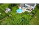 Aerial view of a property with a large backyard, featuring a swimming pool, patio, and well-maintained lawn at 562 Covered Bridge Rd, Greenwood, IN 46142