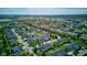 Scenic aerial showcases a neighborhood's meticulously landscaped yards, serene pond and water features, and stylish home exteriors at 9602 Sweet Clover Way, Fishers, IN 46038