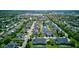 High angle aerial of community featuring pristine homes and ponds with water features, surrounded by lush landscaping at 9602 Sweet Clover Way, Fishers, IN 46038