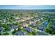 Expansive aerial view of a residential neighborhood featuring well-maintained homes and a tranquil pond with a fountain at 9602 Sweet Clover Way, Fishers, IN 46038