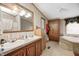 Bathroom boasting dual sinks, wooden cabinets, and a jacuzzi tub at 9660 Old Haggard Rd, Morgantown, IN 46160