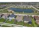 Scenic aerial shot of community featuring lush landscaping, a pond with a dock, and homes at 1275 Cliff View Dr, Westfield, IN 46074