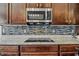 Close-up of kitchen featuring granite countertops, tile backsplash, and stainless microwave at 1275 Cliff View Dr, Westfield, IN 46074