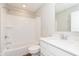 Clean bathroom with white subway tile shower, quartz counter, and a white vanity, blending functionality with style at 13776 Tender Dr, Carmel, IN 46032