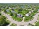 Expansive aerial view of home showing large yard, landscaping, and cul-de-sac location within a lush neighborhood at 14162 Nicholas Dr, Carmel, IN 46074