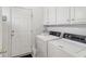 Bright laundry room with white cabinets, modern appliances, and convenient access to the backyard at 14162 Nicholas Dr, Carmel, IN 46074