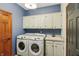 This laundry room features a washer and dryer set, sink, and ample storage in white cabinets at 1508 Redwood Dr, Carmel, IN 46032