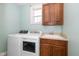 Well-equipped laundry room features modern washer, dryer, sink, window, and wooden cabinets at 5141 S Cobblestone Dr, Zionsville, IN 46077