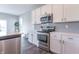 Contemporary kitchen with stainless steel appliances, gray backsplash, and sleek countertops at 6229 Farlin Dr, Whitestown, IN 46075