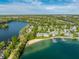Picturesque aerial of a lakefront community with a sandy beach and private boat docks at 7849 Clearwater Cove Dr, Indianapolis, IN 46240