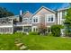 Backyard featuring lush green lawn, stone path, and partial view of gray two-story home at 7849 Clearwater Cove Dr, Indianapolis, IN 46240