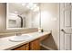 Well-lit bathroom features wood cabinets, a large mirror and a view to a tiled shower at 8269 S Midnight Dr, Pendleton, IN 46064