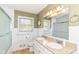 Updated bathroom with double sinks, shower/tub, wainscotting and granite vanity at 8606 N Washington Blvd, Indianapolis, IN 46240