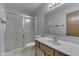 Bathroom featuring a single sink vanity and frosted glass shower at 948 Peppermill Run, Greenwood, IN 46143