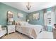 Charming bedroom featuring a chandelier, neutral colors and walls painted in pastel turquoise at 10531 Cleary Trce, Fishers, IN 46040