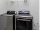 Well-equipped laundry room featuring modern washer and dryer set with convenient overhead shelving at 13204 Caterwood Cir, Fishers, IN 46037
