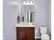 Cozy half bath with a white vanity, mirror, and toilet in a modern-styled home at 1404 Rosebank Dr, Westfield, IN 46074