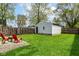 This backyard has green grass, a detached garage, gravel seating area, a fenced-in yard, and mature trees at 319 S Randolph St, Indianapolis, IN 46201