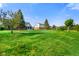 Expansive backyard with green grass, mature trees, and view of neighboring homes at 4316 Moss Ridge Cir, Indianapolis, IN 46237